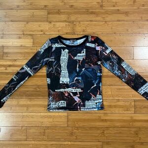 Current Mood Dolls Kill Renaissance Art Newsprint Graphic Long Sleeve Mesh Tee
